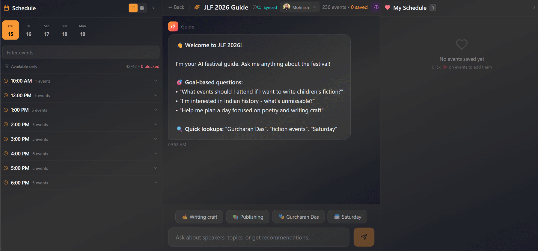 JLF 2026 Guide main interface showing the chat panel, schedule browser, and welcome message